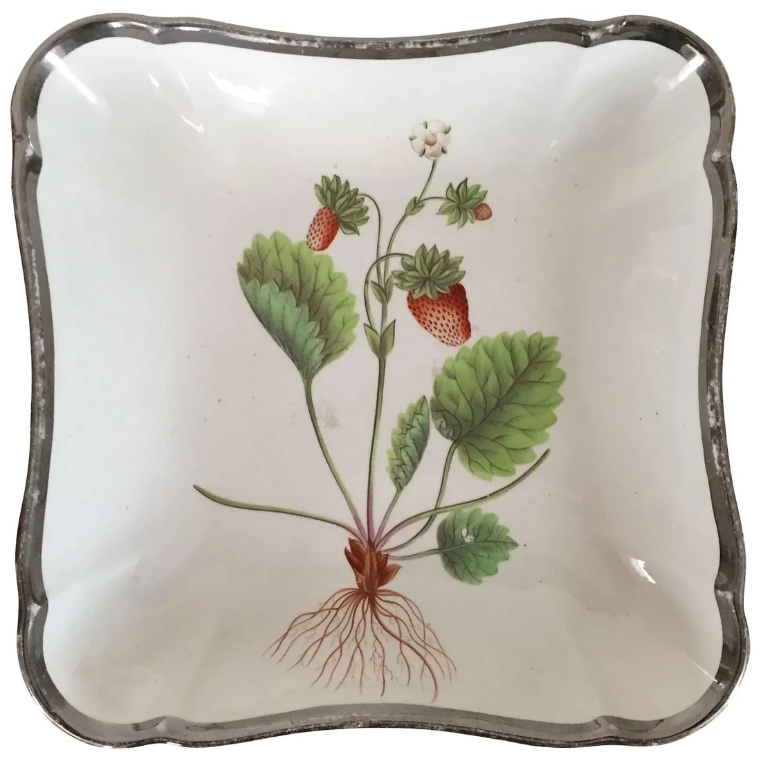 1810 Creamware Pearlware Botanical Square Dish with Hand Painted Strawberry Specimen - 11
