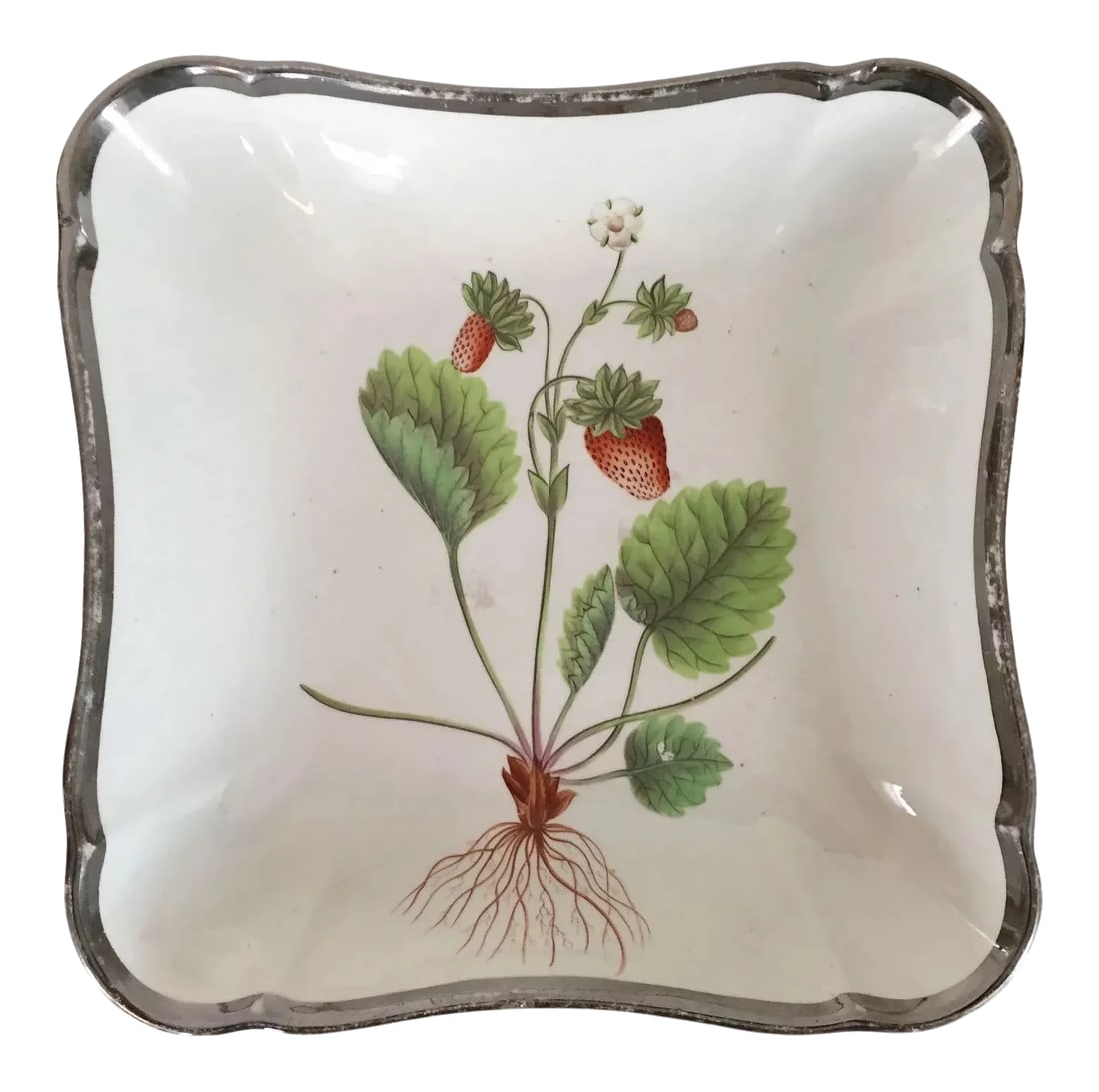 1810 Creamware Pearlware Botanical Square Dish with Hand Painted Strawberry Specimen (1 of 11)
