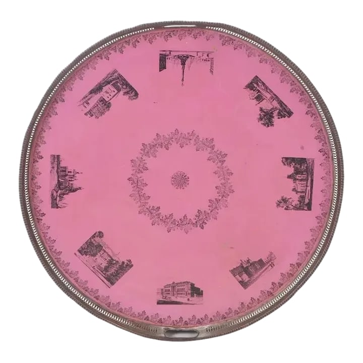 Antique 19th Century French Empire Directoire Tole Peinte Round Metal Tray in Pink: Antique 19th century French Empire round tole peinte tray in bright pink with black transfer vignettes. Cut out handles at each side. Measures 26 1/2" diameter x 1 1/2" deep. Good condition - wear con