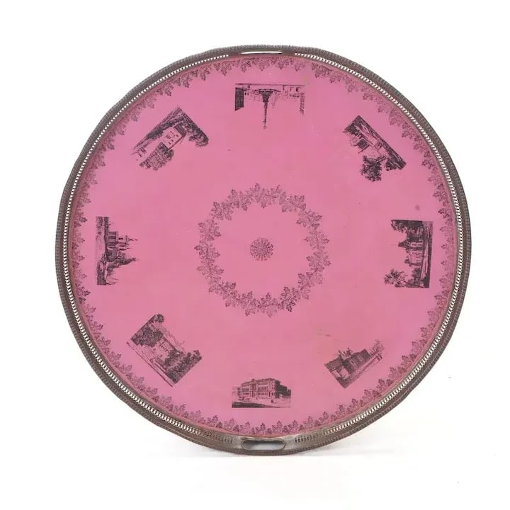 Antique 19th Century French Empire Directoire Tole Peinte Round Metal Tray in Pink - 2