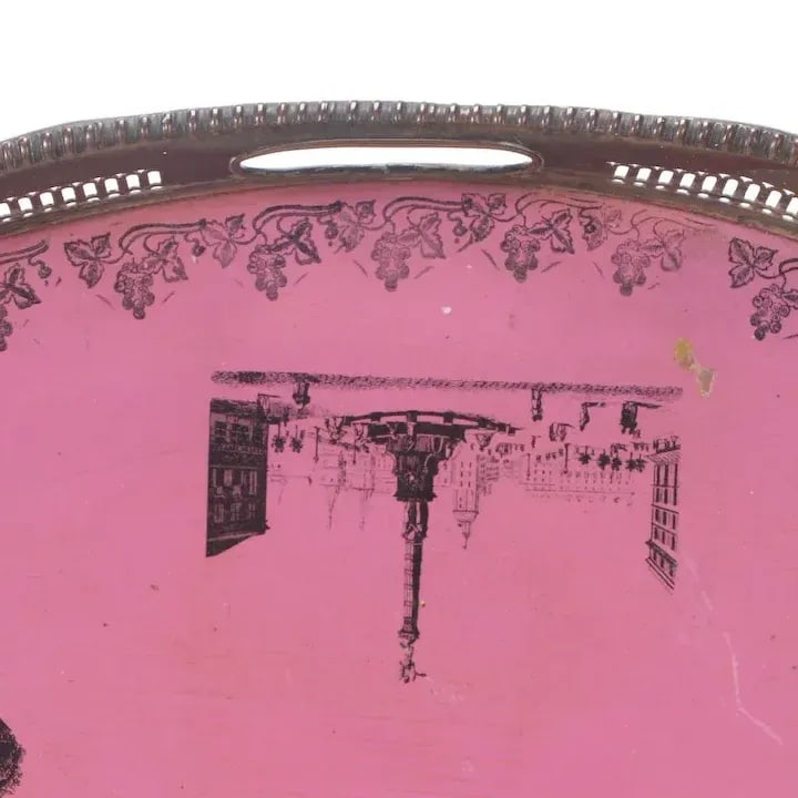 Antique 19th Century French Empire Directoire Tole Peinte Round Metal Tray in Pink - 4