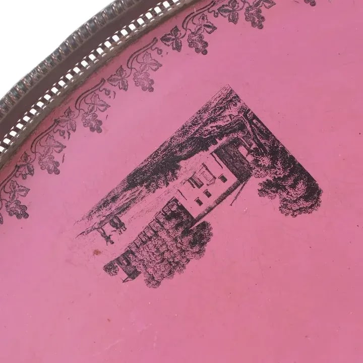 Antique 19th Century French Empire Directoire Tole Peinte Round Metal Tray in Pink - 5