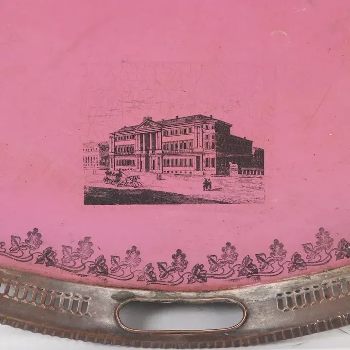 Antique 19th Century French Empire Directoire Tole Peinte Round Metal Tray in Pink - 6