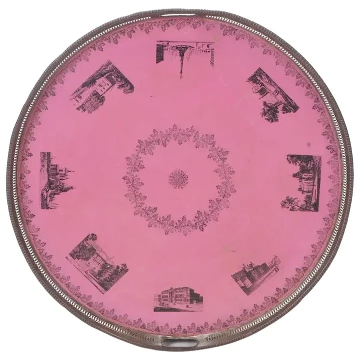 Antique 19th Century French Empire Directoire Tole Peinte Round Metal Tray in Pink - 9