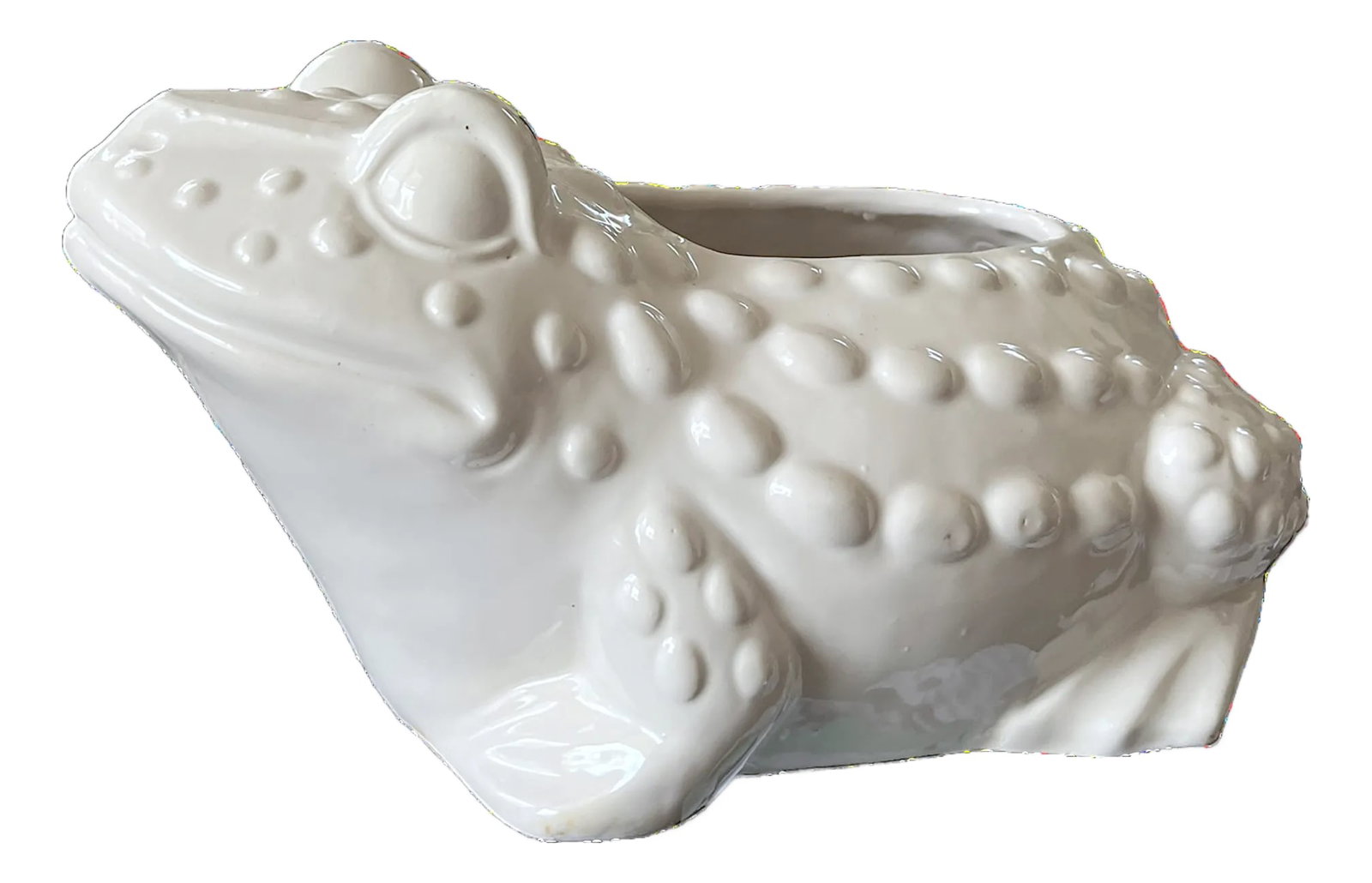 Large Vintage White Hobnail Ceramic Frog Planter - In the Style of Jean Roger, 1960s Sculptural Gard: Charming vintage white ceramic frog planter rendered in a sculptural, high-gloss glaze, in the style of Jean Roger. This whimsical yet refined piece captures the playful elegance of mid-century