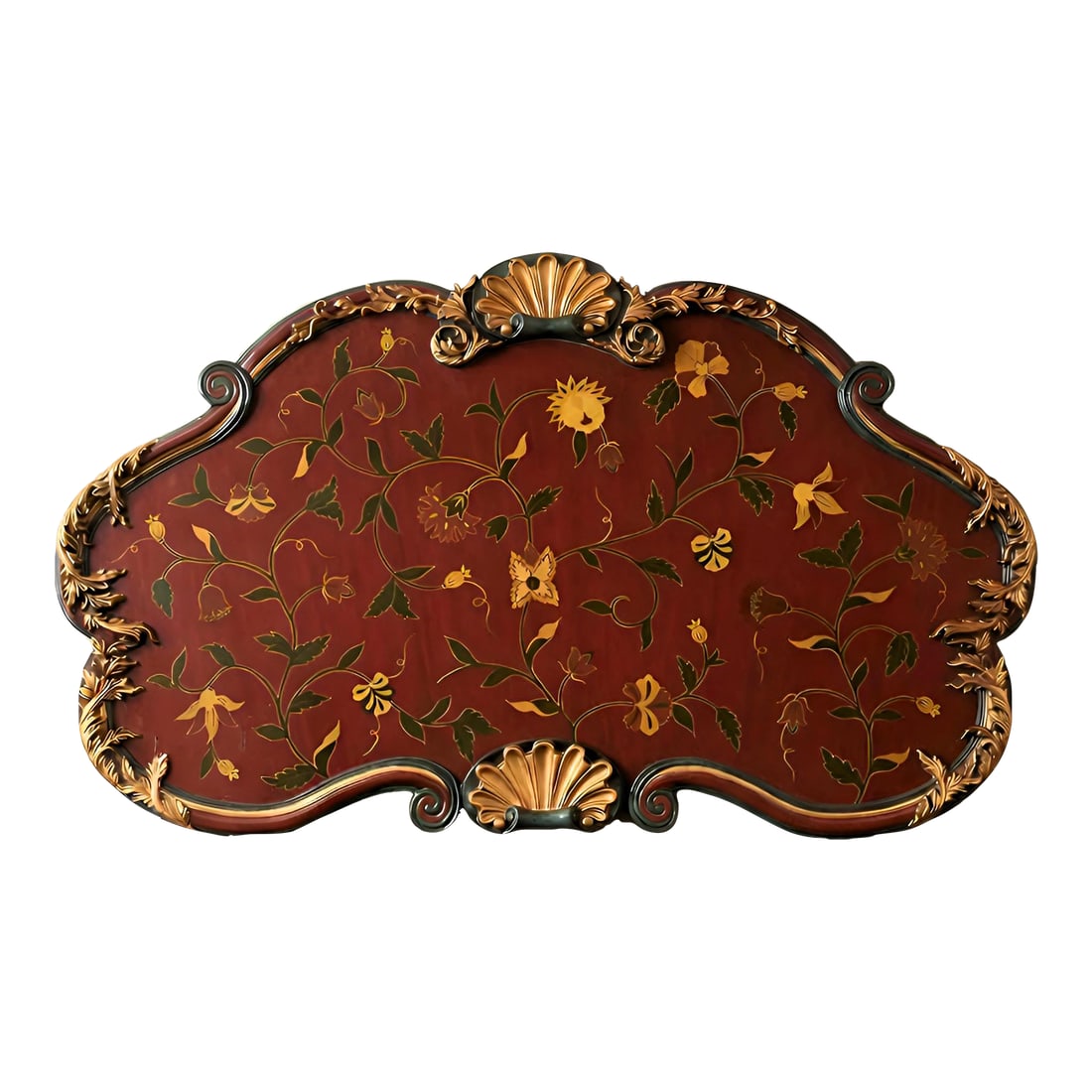Large Vintage Italian Florentine Style Hand-Painted Wall Panel With Gilt Carved Frame: Striking large vintage decorative wall panel featuring a richly colored hand-painted floral vine motif framed by an ornate carved gilt surround. The panel displays a warm terracotta ground adorned wit