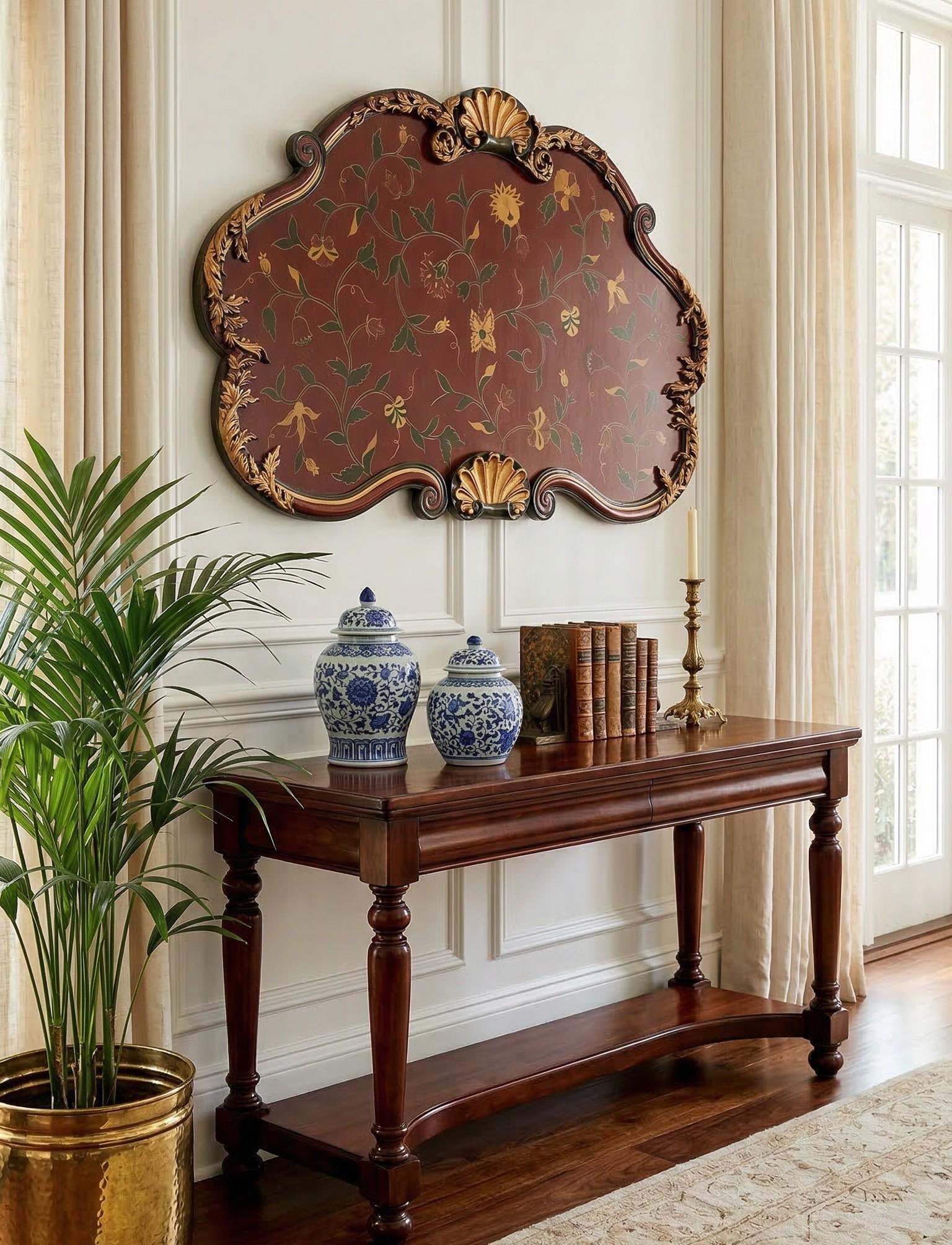 Large Vintage Italian Florentine Style Hand-Painted Wall Panel With Gilt Carved Frame - 2