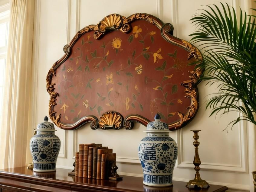 Large Vintage Italian Florentine Style Hand-Painted Wall Panel With Gilt Carved Frame - 3