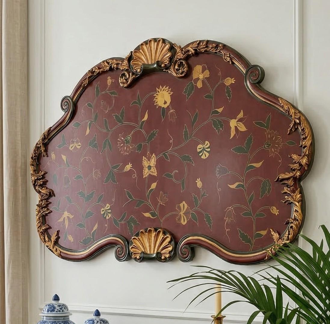Large Vintage Italian Florentine Style Hand-Painted Wall Panel With Gilt Carved Frame - 4