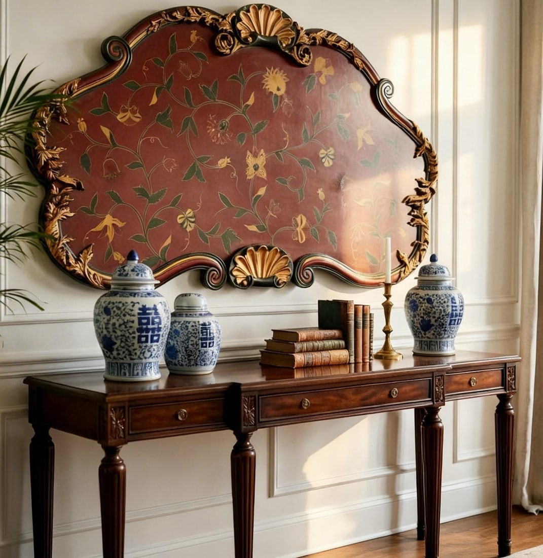 Large Vintage Italian Florentine Style Hand-Painted Wall Panel With Gilt Carved Frame - 5