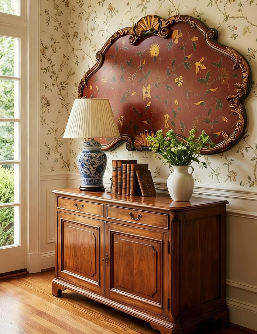 Large Vintage Italian Florentine Style Hand-Painted Wall Panel With Gilt Carved Frame - 6