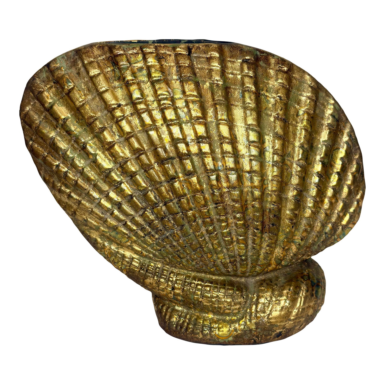 1980s Palm Beach Regency Bespoke Multilayered Gilt Ceramic Shell Vase: This bespoke Turtle and Crane masterpiece reimagines a classic coastal silhouette into an object of pure, high-gloss luxury. Abandoning the predictable seaside look, this ceramic clam shell vase has b