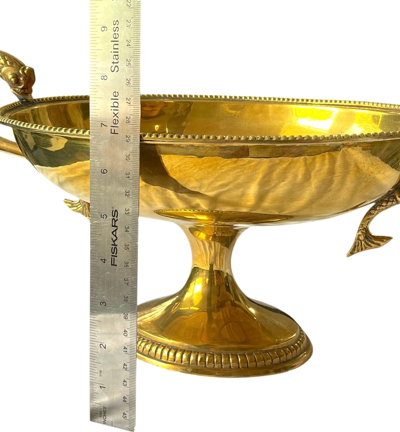 Large Vintage Solid Brass Dolphin Handle Compote Footed / Pedestal Bowl in the Style of Sherle Wagne - 11