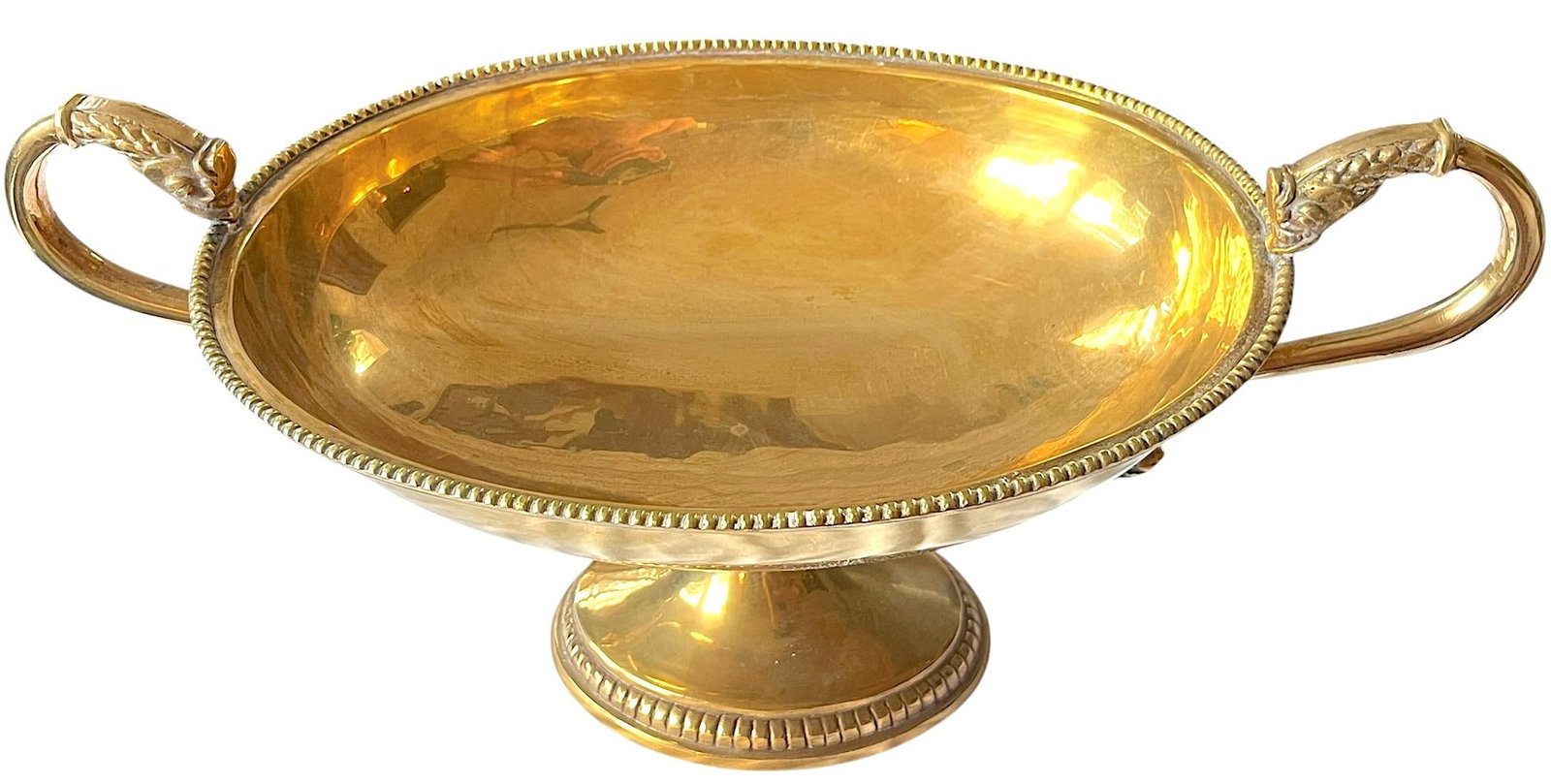 Large Vintage Solid Brass Dolphin Handle Compote Footed / Pedestal Bowl in the Style of Sherle Wagne - 2