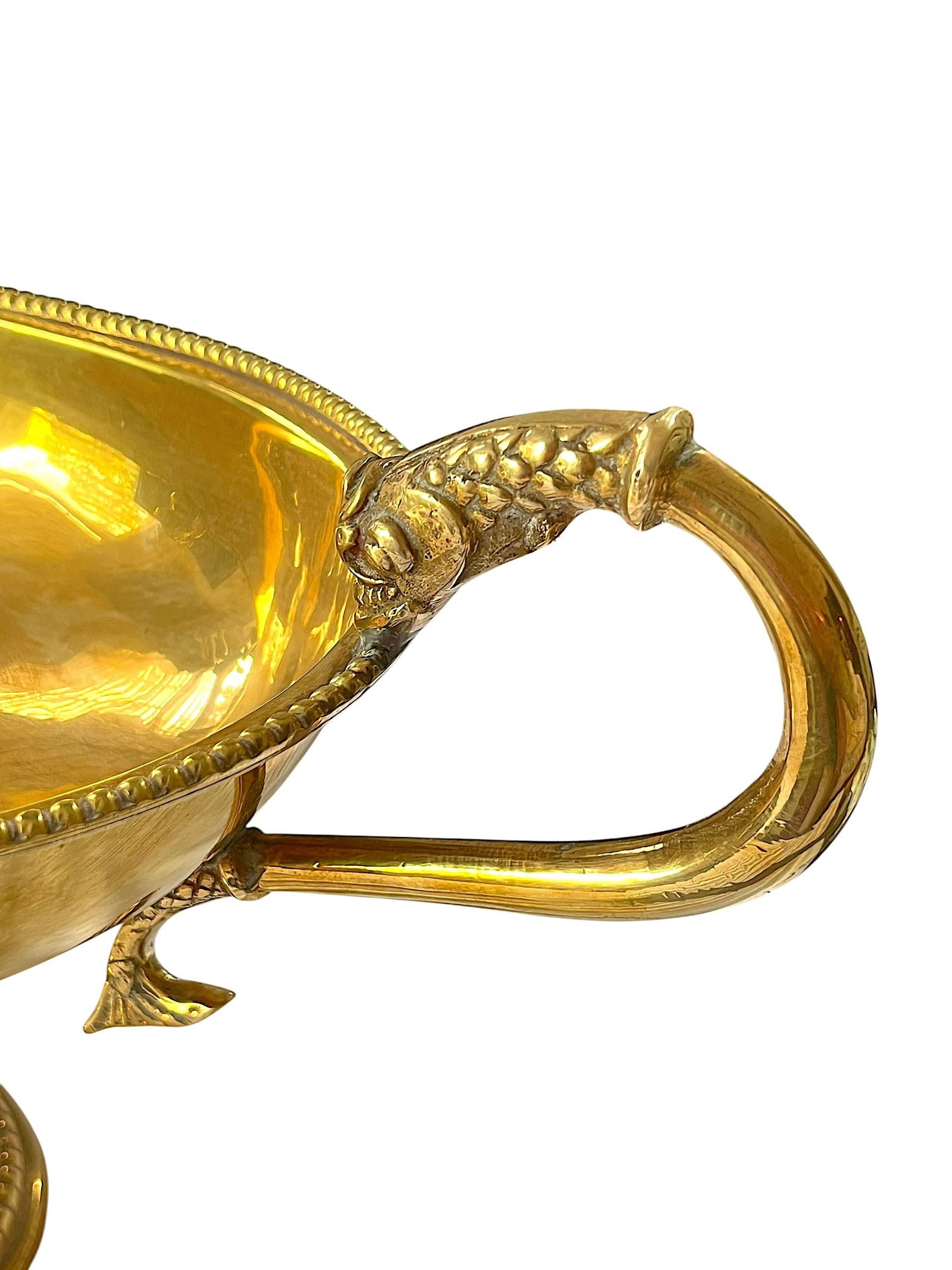 Large Vintage Solid Brass Dolphin Handle Compote Footed / Pedestal Bowl in the Style of Sherle Wagne - 7