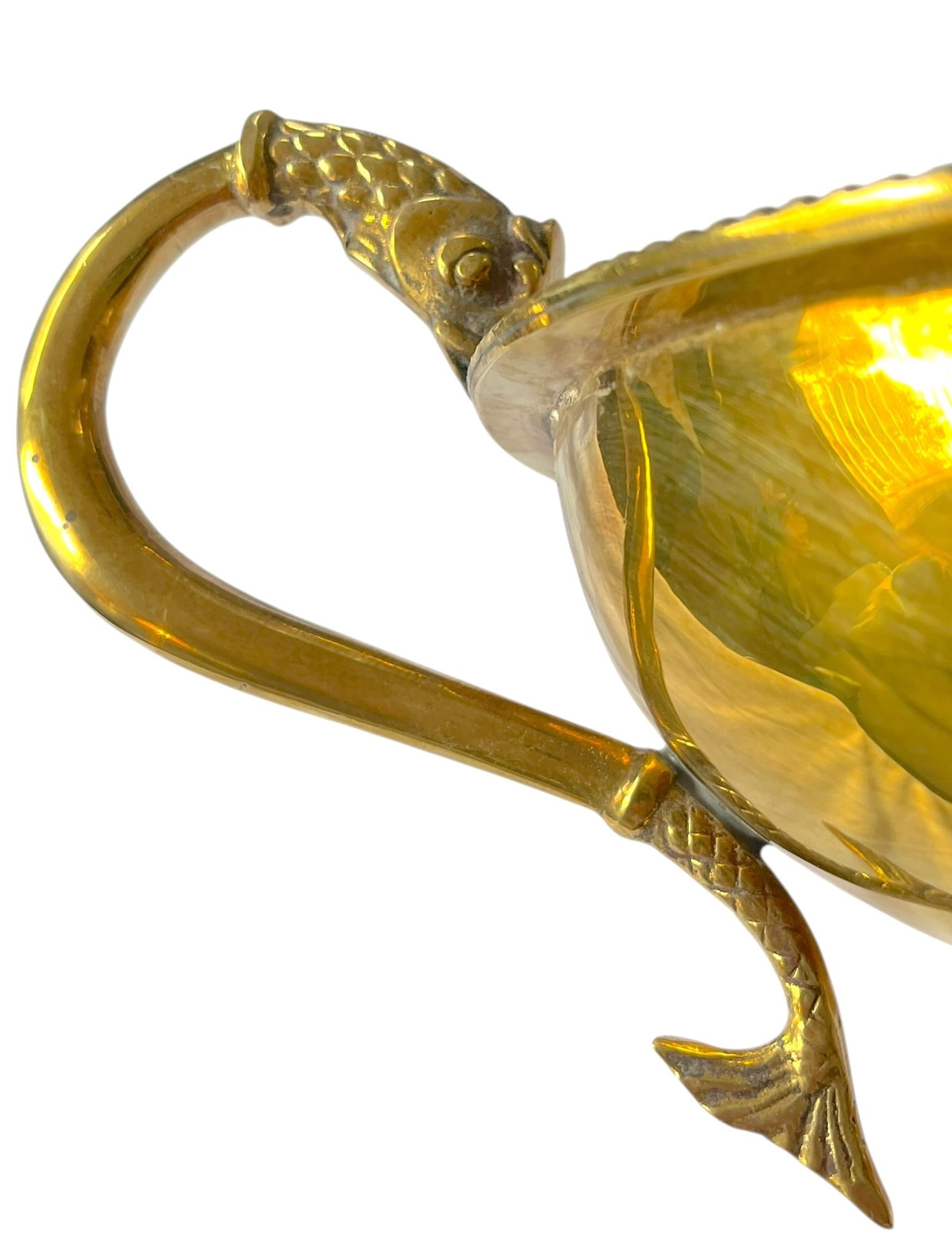 Large Vintage Solid Brass Dolphin Handle Compote Footed / Pedestal Bowl in the Style of Sherle Wagne - 8