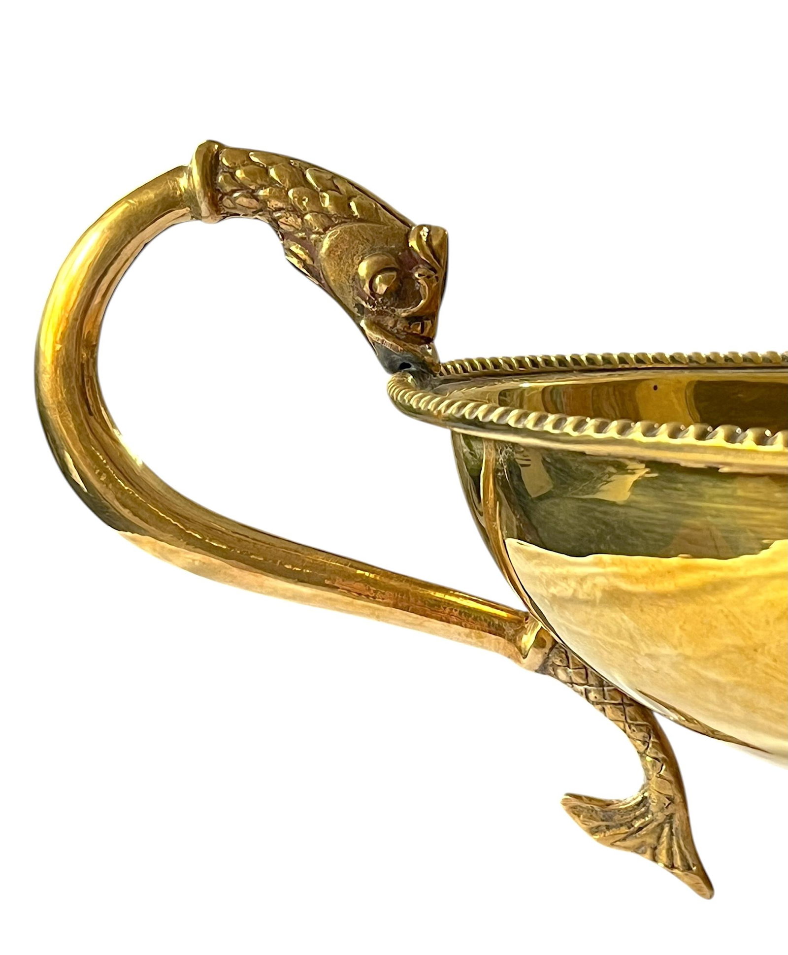 Large Vintage Solid Brass Dolphin Handle Compote Footed / Pedestal Bowl in the Style of Sherle Wagne - 9