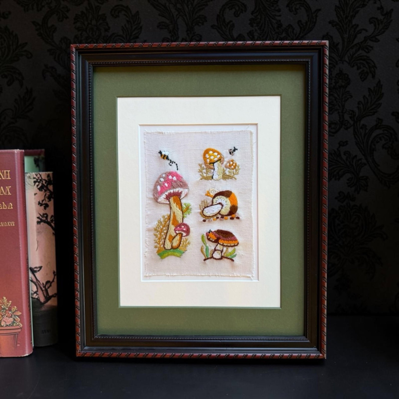 Mid 20th Century Framed Mushroom Textile Art Needlepoint Collage Folk Art - 2