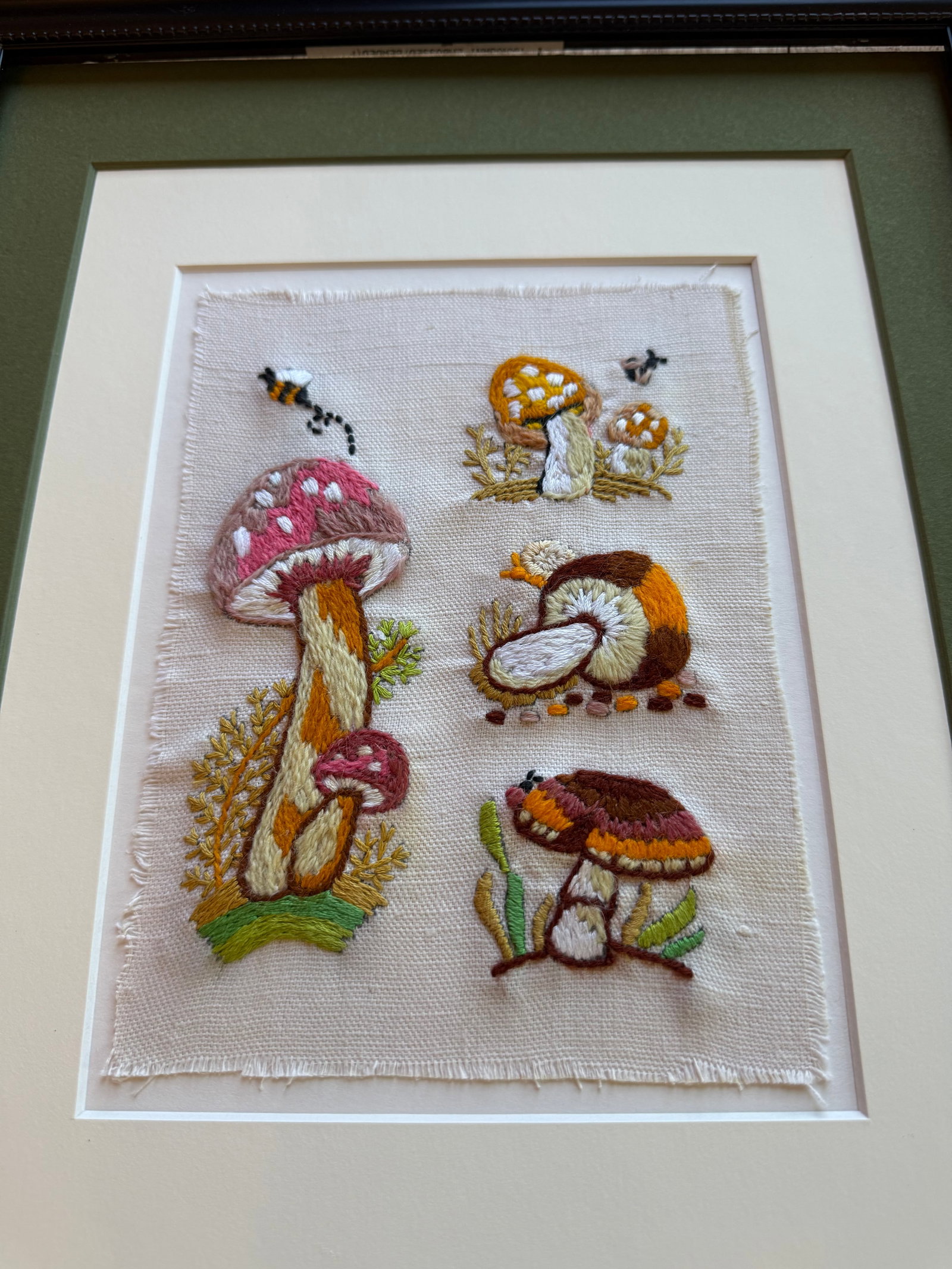 Mid 20th Century Framed Mushroom Textile Art Needlepoint Collage Folk Art - 3