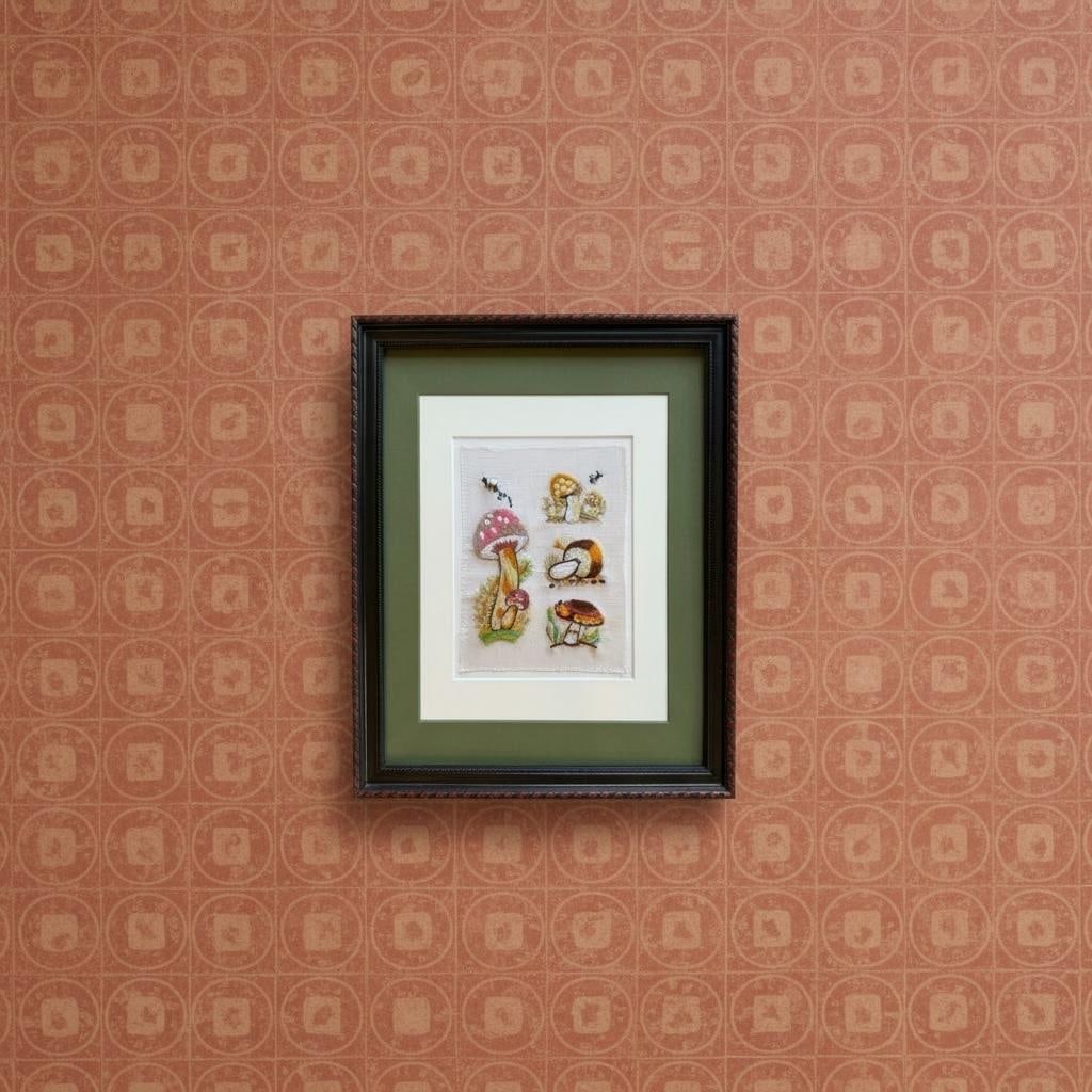 Mid 20th Century Framed Mushroom Textile Art Needlepoint Collage Folk Art - 4