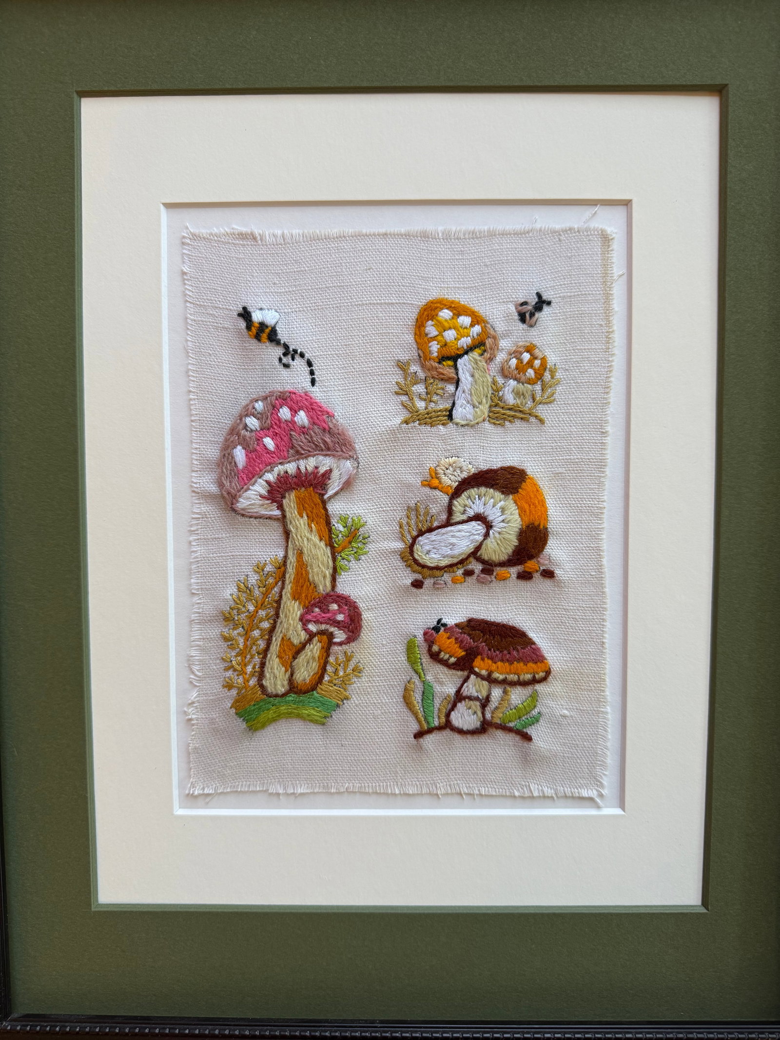 Mid 20th Century Framed Mushroom Textile Art Needlepoint Collage Folk Art - 5