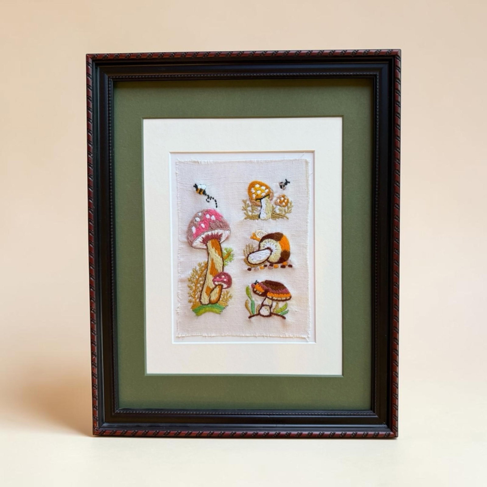 Mid 20th Century Framed Mushroom Textile Art Needlepoint Collage Folk Art - 6