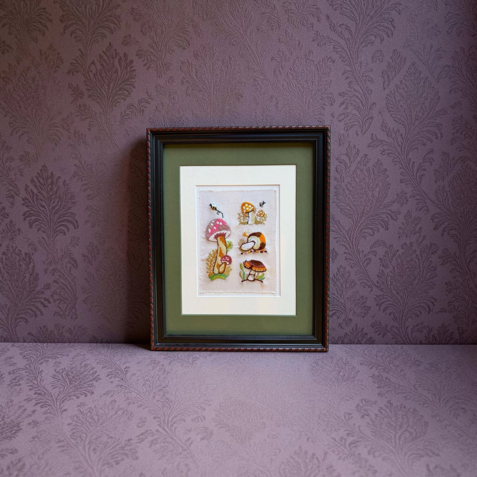 Mid 20th Century Framed Mushroom Textile Art Needlepoint Collage Folk Art - 7