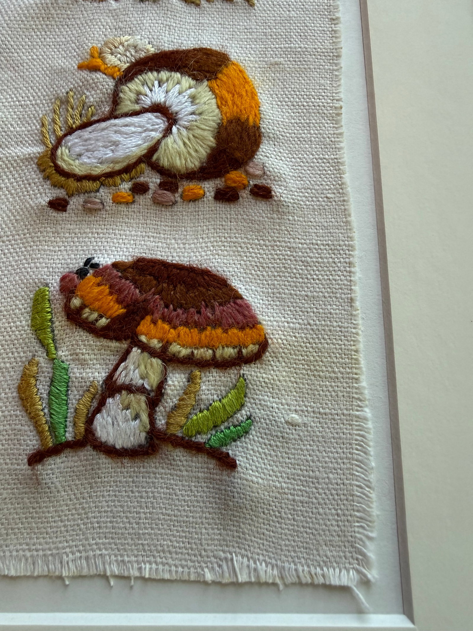 Mid 20th Century Framed Mushroom Textile Art Needlepoint Collage Folk Art - 8