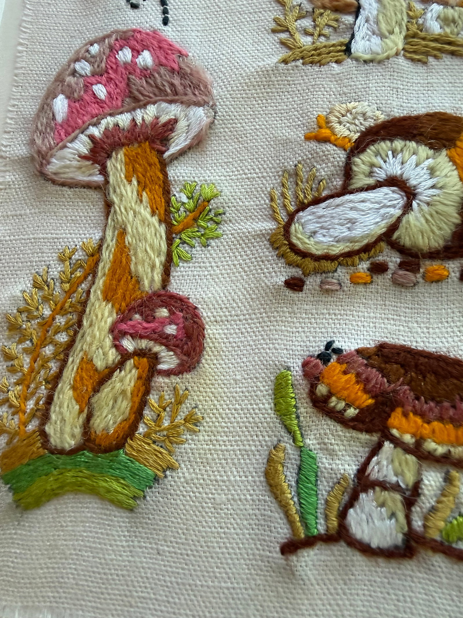 Mid 20th Century Framed Mushroom Textile Art Needlepoint Collage Folk Art - 9