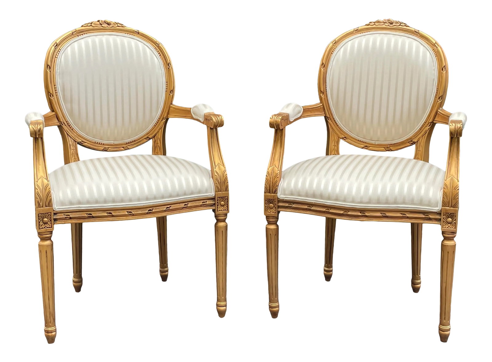 Vintage "Andre Originals" Louis XVI Side Chairs- a Pair: A pair of gold Louis XVI side or occasional chairs by Andre Originals. Seat height is 19.5". Arm height is 27.25". Condition: Alterations: Original Condition Unaltered Imperfections: Some