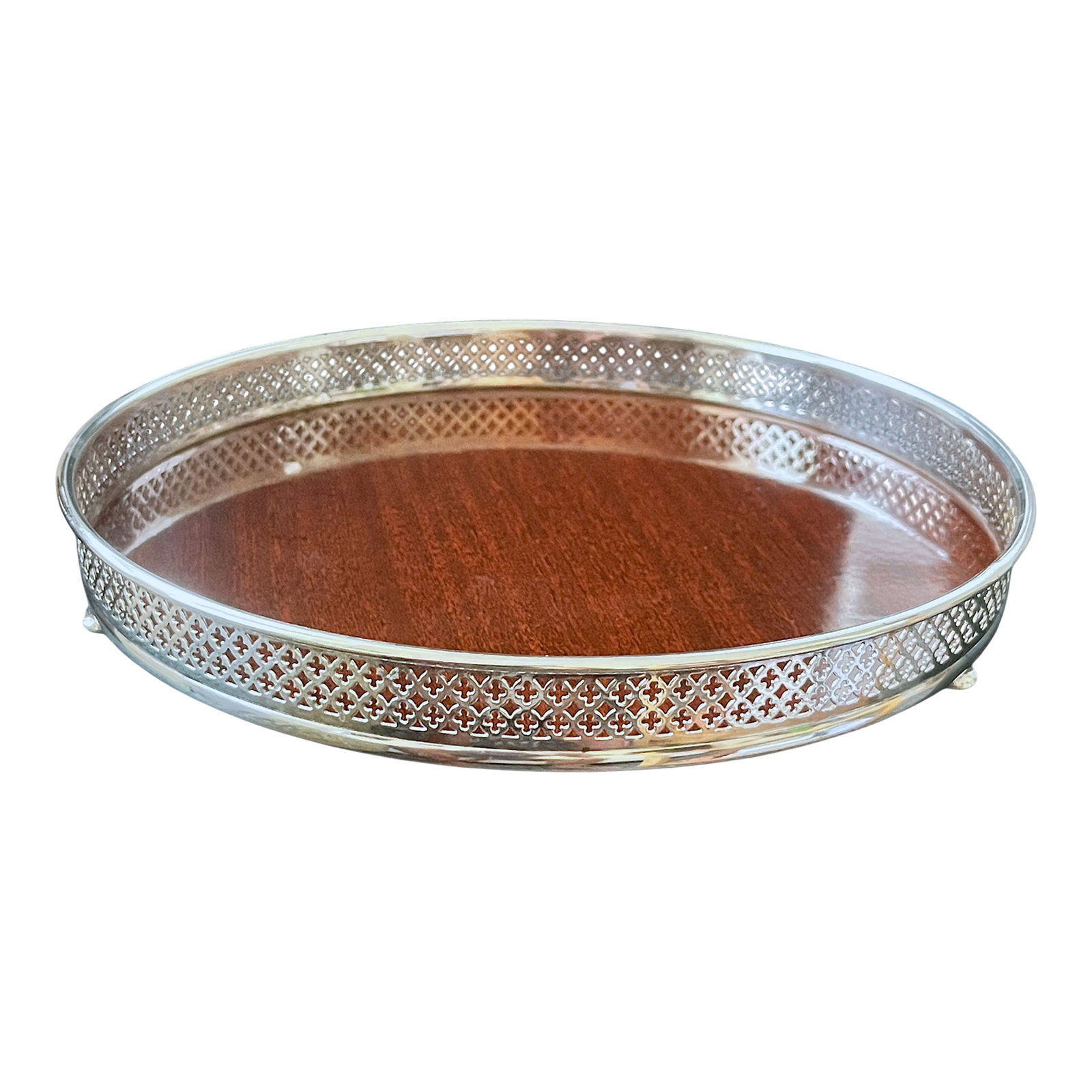 Vintage Silverplate & Mahogany Circular Gallery Tray With Pierced Quatrefoil Edge and Three Ball Fee (1 of 9)