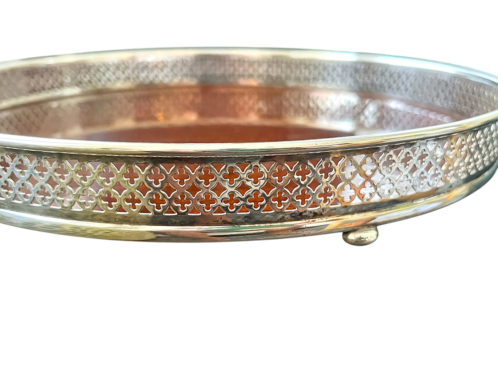 Vintage Silverplate & Mahogany Circular Gallery Tray With Pierced Quatrefoil Edge and Three Ball Fee - 2