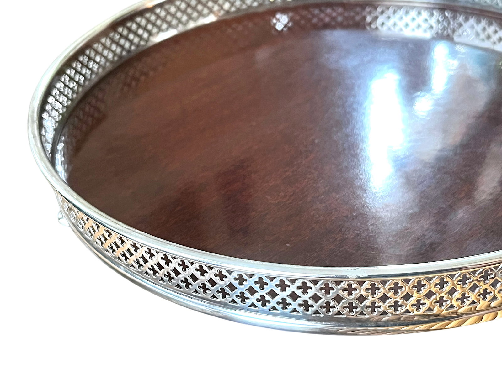 Vintage Silverplate & Mahogany Circular Gallery Tray With Pierced Quatrefoil Edge and Three Ball Fee - 4