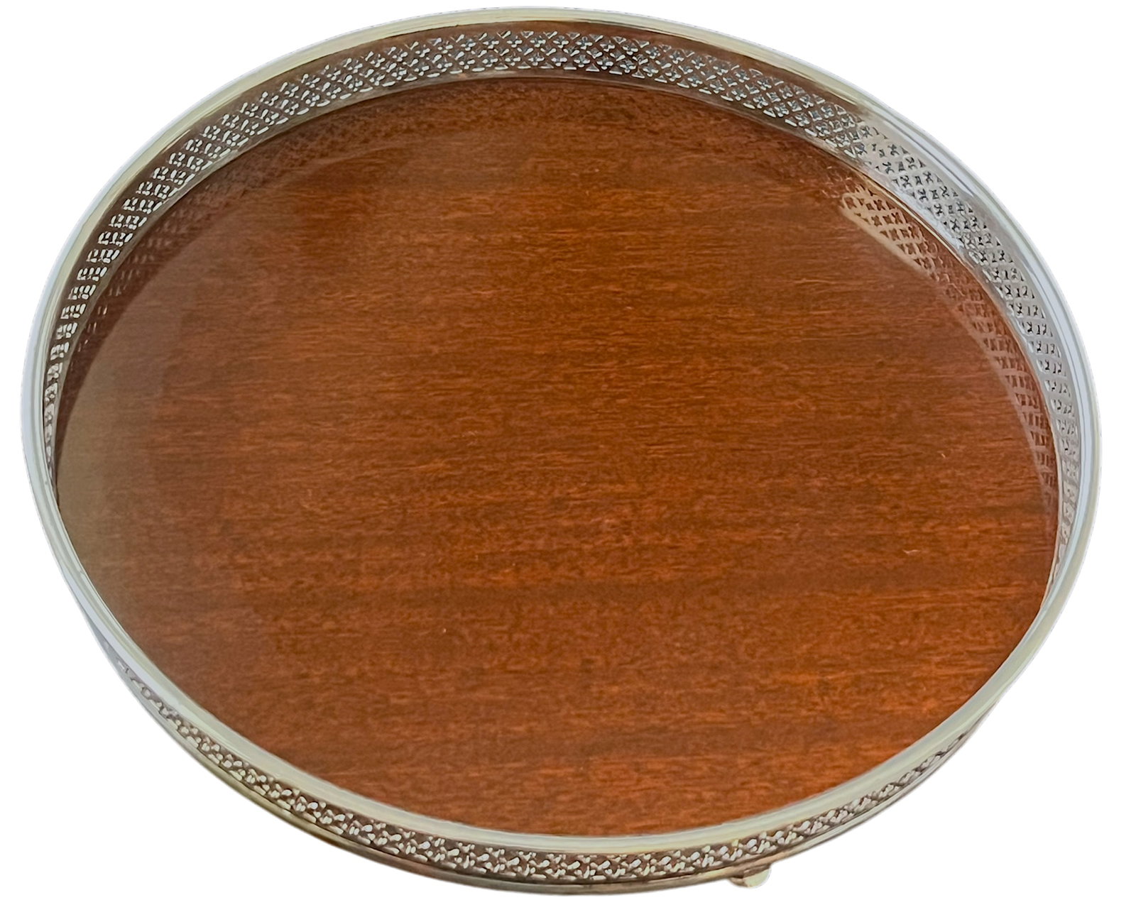 Vintage Silverplate & Mahogany Circular Gallery Tray With Pierced Quatrefoil Edge and Three Ball Fee - 5