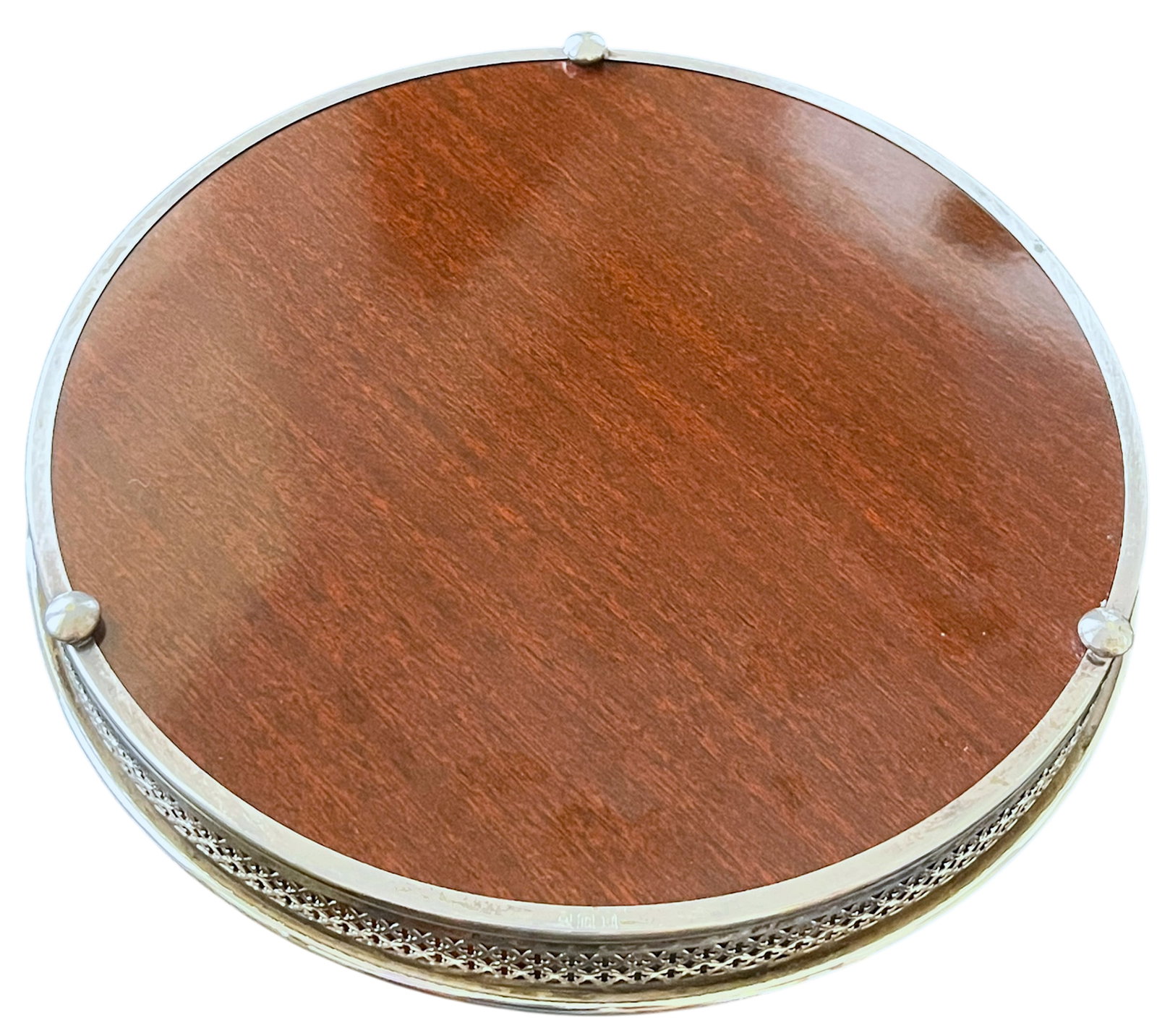 Vintage Silverplate & Mahogany Circular Gallery Tray With Pierced Quatrefoil Edge and Three Ball Fee - 6