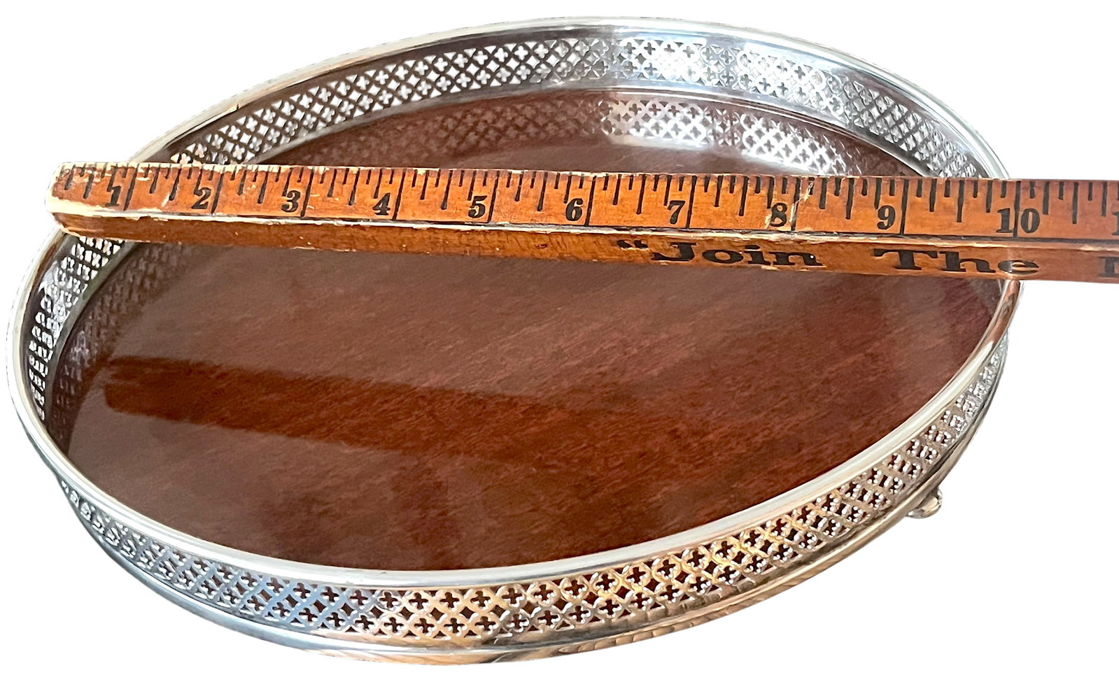 Vintage Silverplate & Mahogany Circular Gallery Tray With Pierced Quatrefoil Edge and Three Ball Fee - 8