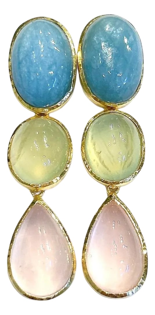 Bochic "Orient" Vintage Pink Quartz, Turquoise & Peridot Earrings 18K Gold & Silver: Bochic "Orient" Vintage Pink Quartz, Turquoise & Peridot Earrings Set 18K Gold & Silver Natural Pink Quartz Cabochon Pear Shape - 7 carat Natural Peridot - 4 carat Natural Turquoise The earrings from 