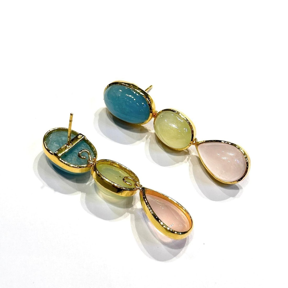 Bochic "Orient" Vintage Pink Quartz, Turquoise & Peridot Earrings 18K Gold & Silver - 2