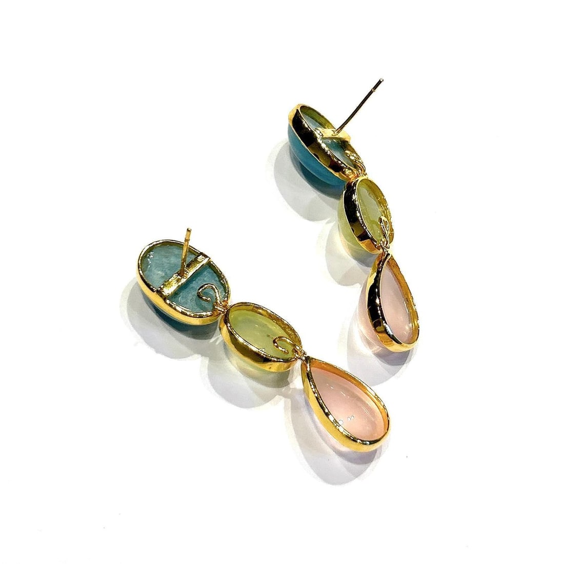 Bochic "Orient" Vintage Pink Quartz, Turquoise & Peridot Earrings 18K Gold & Silver - 3