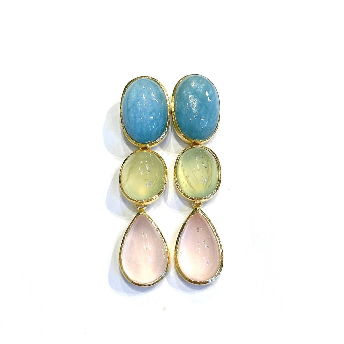 Bochic "Orient" Vintage Pink Quartz, Turquoise & Peridot Earrings 18K Gold & Silver - 4