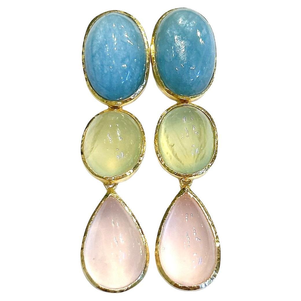 Bochic "Orient" Vintage Pink Quartz, Turquoise & Peridot Earrings 18K Gold & Silver - 6