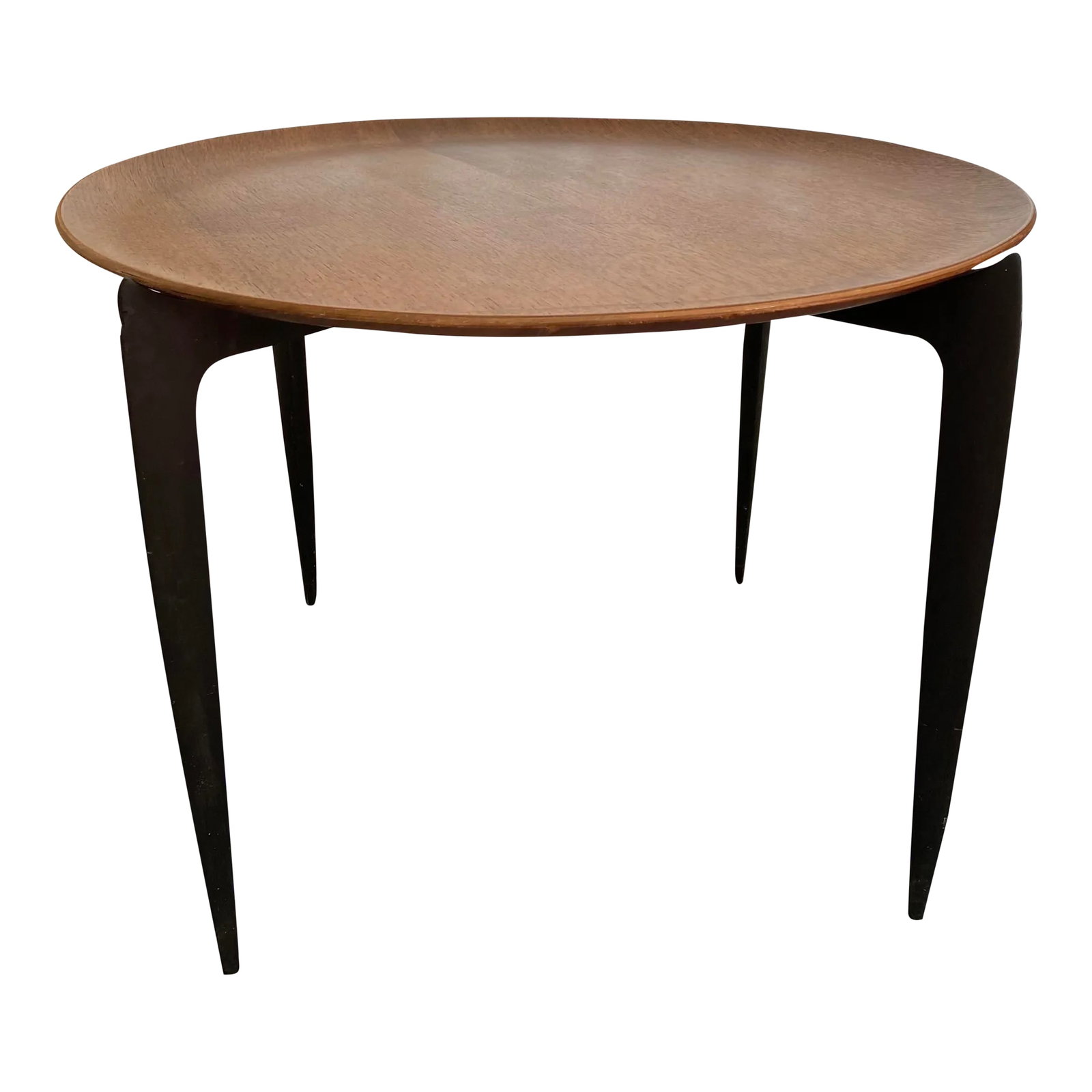 Vintage Mid Century Fritz Hansen Teak Tray Side Table: Vintage mid century teak tray table by H. Engholm & Svend Age Willumsen for Fritz Hansen. Round tray is removable and base has original black paint and tapered legs that fold flat. Marked on the botto