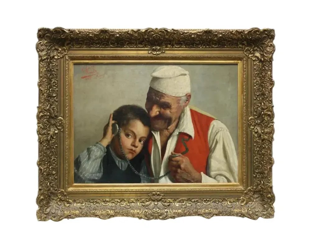 Antique Claudio Rinaldi Italian Portrait Painting of an Old Man and Boy - 13
