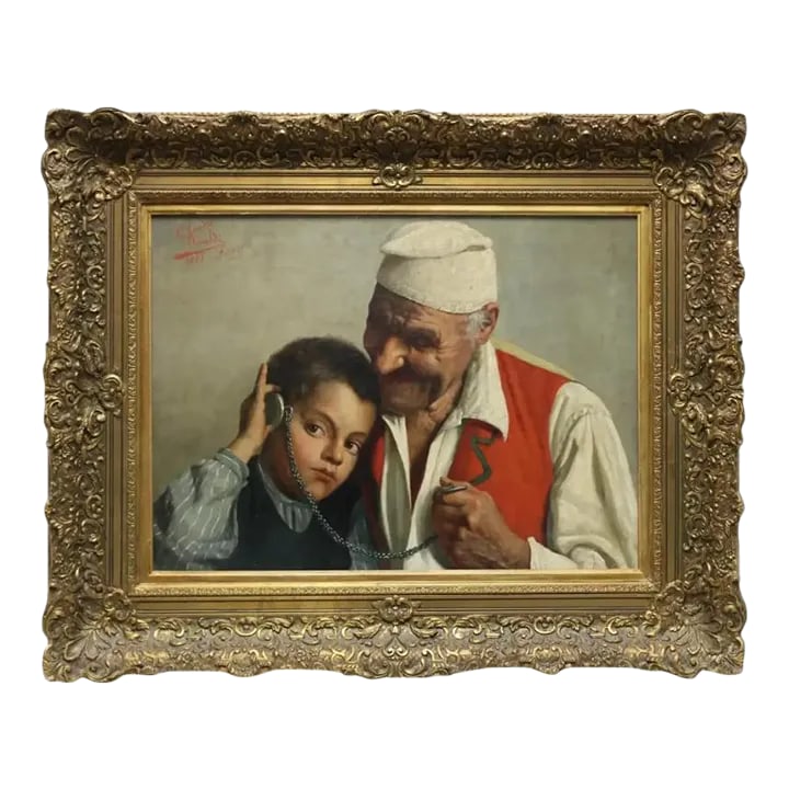 Antique Claudio Rinaldi Italian Portrait Painting of an Old Man and Boy: Portrait of an Old Man and Boy. Oil on canvas. Signed and dated "1897 Firenze" at upper left. From a Briarcliff Manor, NY collection. - Dimensions: 17.8" h x 23.5" w. Condition Good. Slight surface so