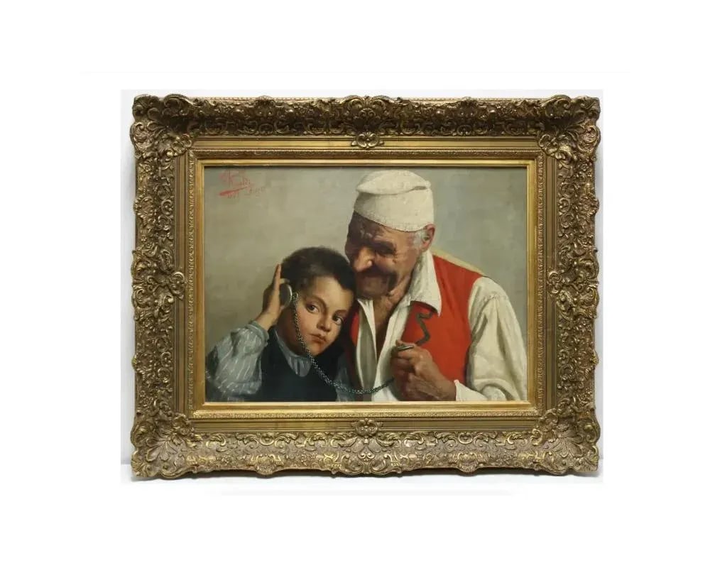 Antique Claudio Rinaldi Italian Portrait Painting of an Old Man and Boy - 2