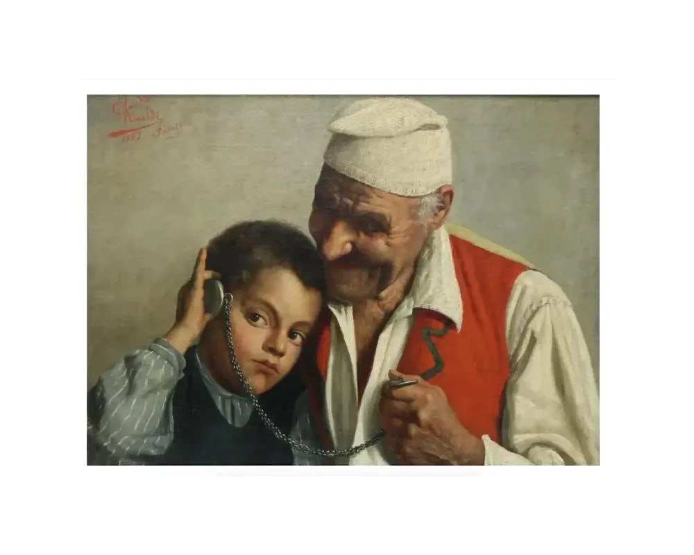 Antique Claudio Rinaldi Italian Portrait Painting of an Old Man and Boy - 3