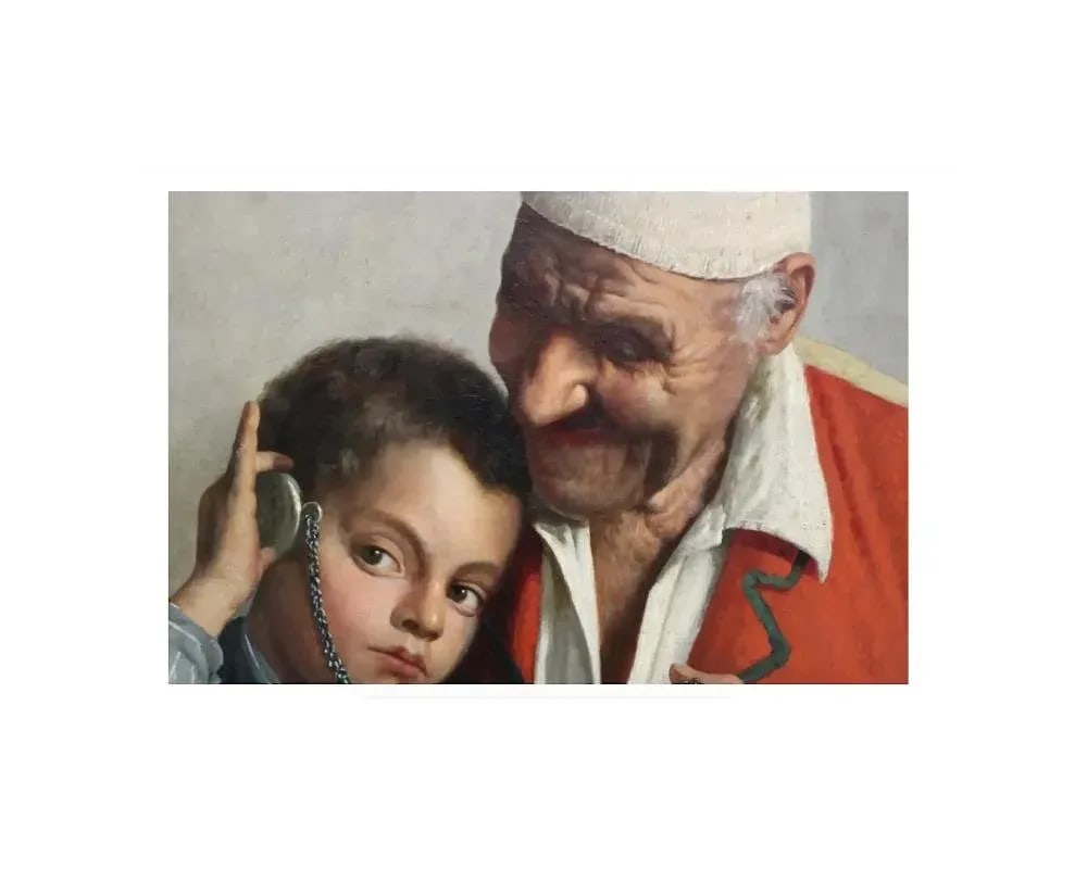 Antique Claudio Rinaldi Italian Portrait Painting of an Old Man and Boy - 4