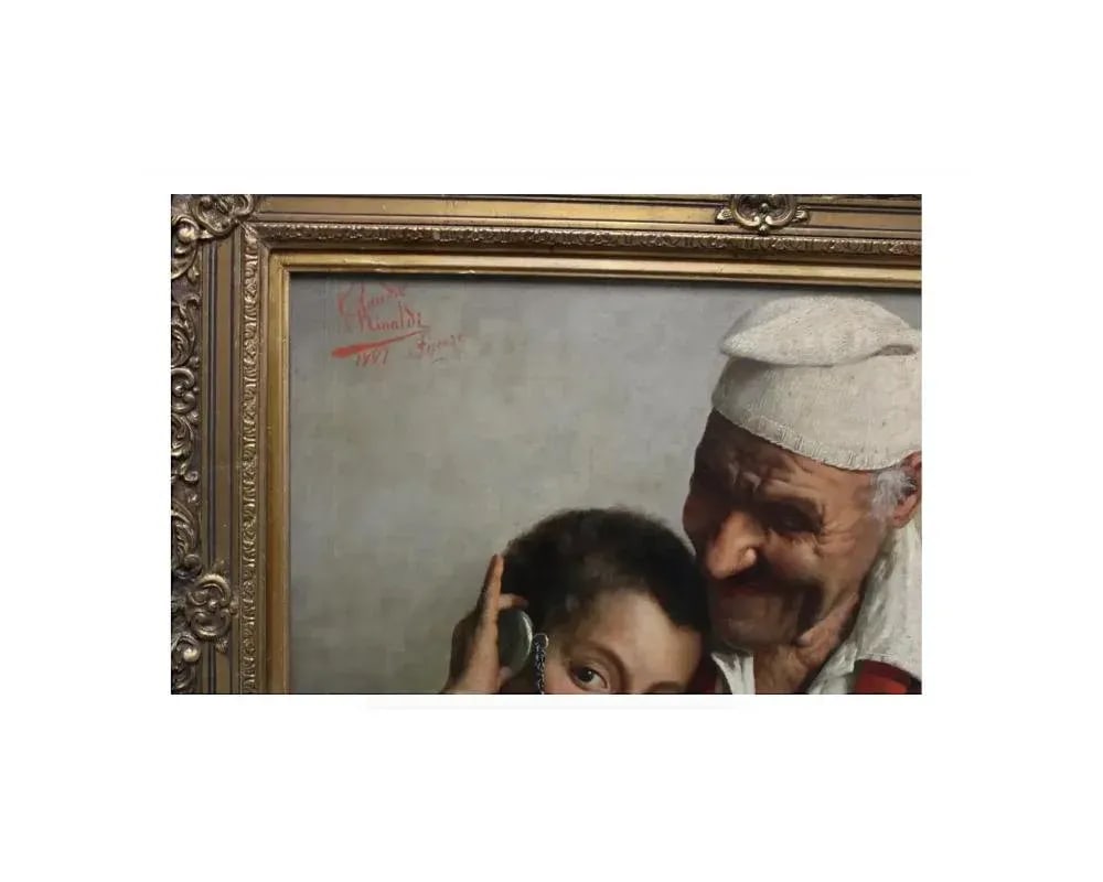 Antique Claudio Rinaldi Italian Portrait Painting of an Old Man and Boy - 5