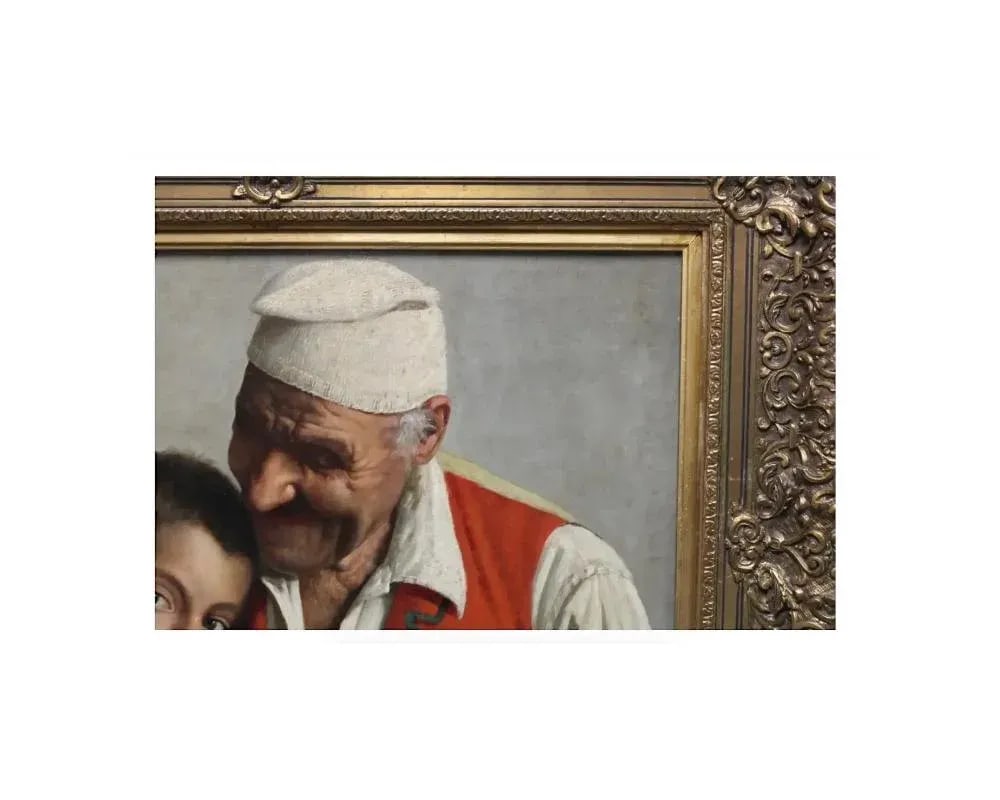 Antique Claudio Rinaldi Italian Portrait Painting of an Old Man and Boy - 6