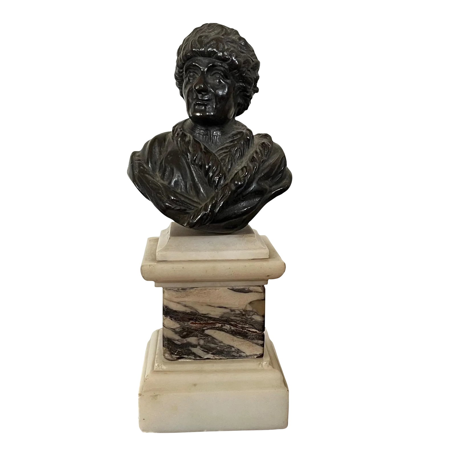 Antique 18th C. Bronze Portrait Bust of Philosopher Jean Jacques Rousseau (1712-1778) Mounted on Spe: Antique 18th c. bronze portrait bust of Jean Jacques Rousseau (1712-1778) mounted on specimen marble pedestal base. Wonderful patina. Measures 7 1/2" tall x 3 1/4" wide across the shoulders. Minor sma